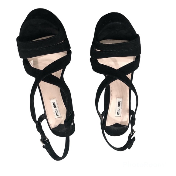 MIU MIU BLACK SUEDE AND MIRROR PLATFORM SANDALS - Picture 16 of 16